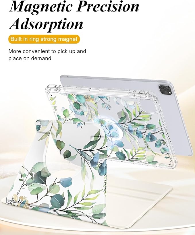 Shorogyt for iPad Air 13 Inch (M4) 2026/M3 2025 & M2 2024 /for i Pad Pro 12.9 inch (3/4/5/6th Gen) for Magnetic Stand for Women - Cute 360 Degree Rotating Covers Girls with Pencil Holder, Green Leaf