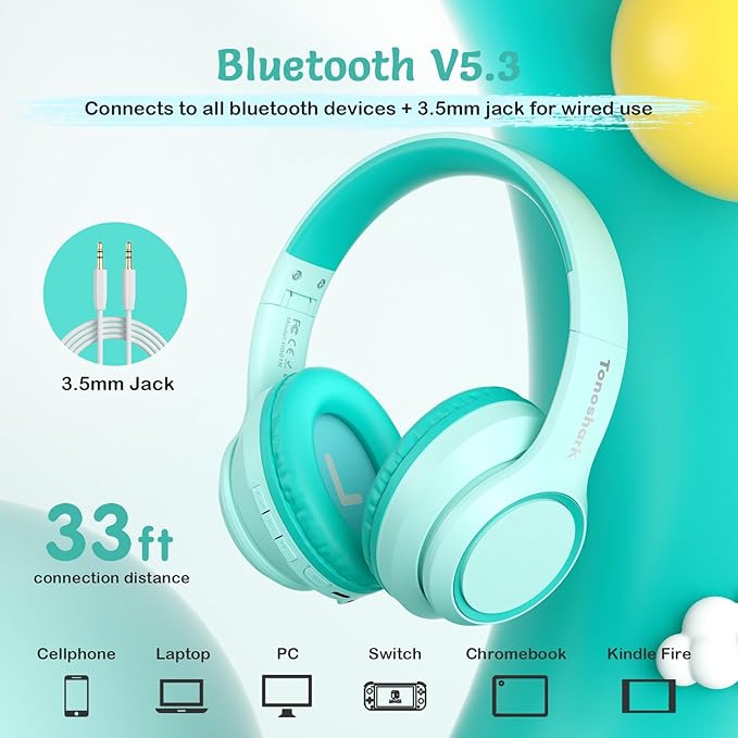 TONOSHARK Kids Bluetooth Headphones with Active Noise Cancelling, Wireless Over-Ear Headphones for Boys Girls, Foldable, Adjustable,40H Playtime, Mic for School Travel (Mint Green)