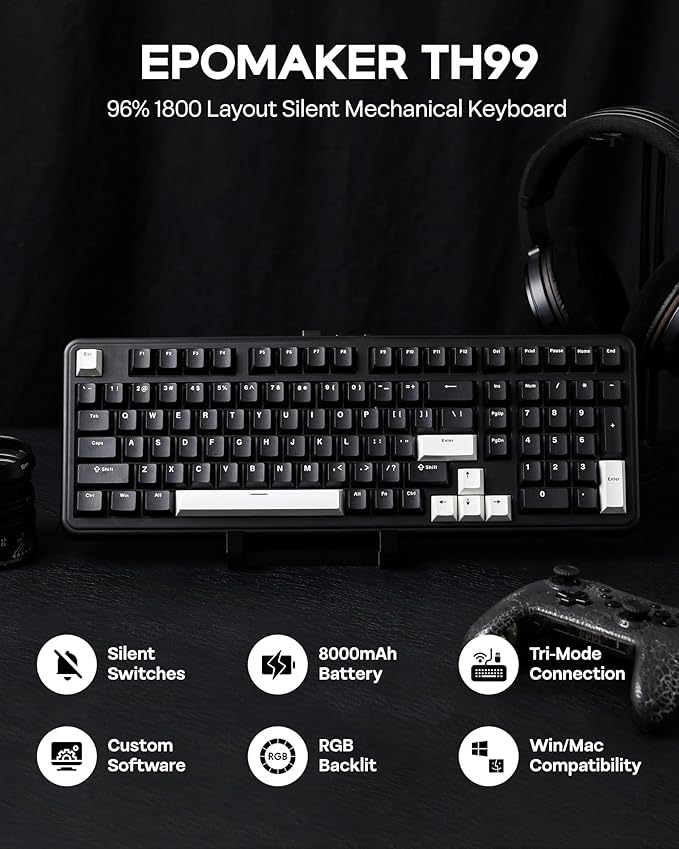EPOMAKER TH99 Tri-Mode Wireless Mechanical Keyboard with 8000mAh Battery, Hot Swappable Custom RGB Gaming Keyboard with Numpad, Gasket Creamy for PC/Mac/Office (Black, Sea Salt Silent)