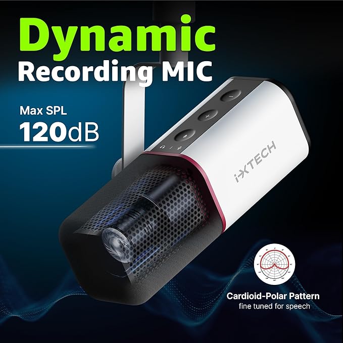 IXTECH Cardioid Dynamic Microphone with Mic Cover, Vocal USB XLR Microphone for Podcasting, Streaming, Recording, Gaming and Voice-Over (White)