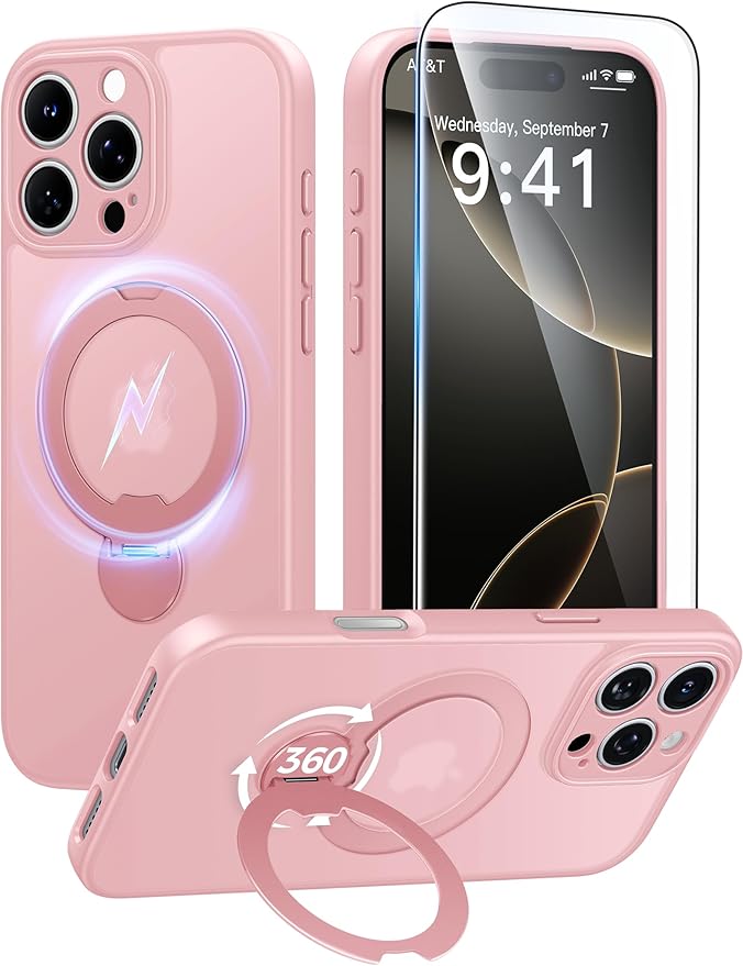 FNTCASE for iPhone 16 Pro-Max Case: [360 Spin Magnetic Stand] [Compatible with Magsafe] [Screen Protector] Translucent Matte Military Grade Shockproof Full Camera Protective Phone Cover - Pink