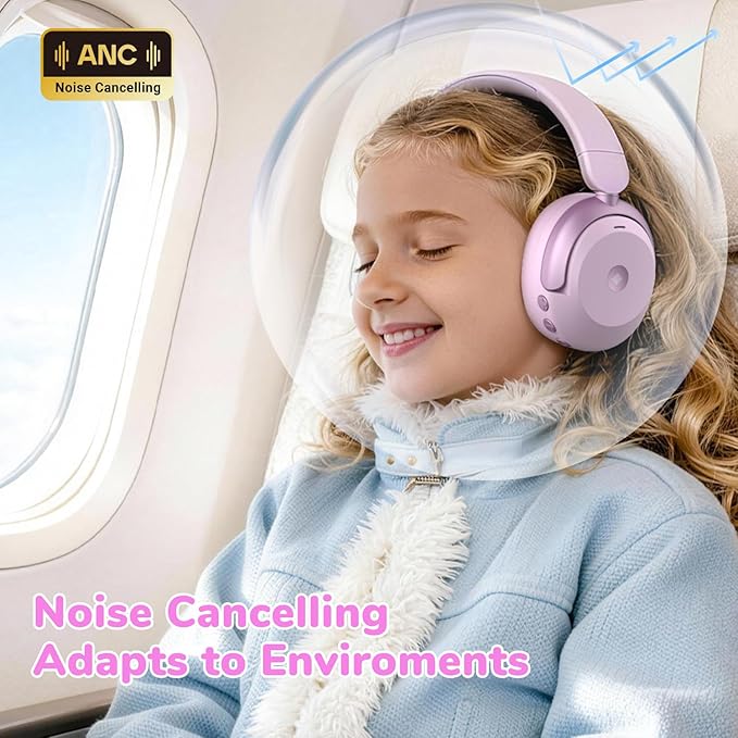 iClever BTH20 Active Noise Cancelling Headphones for Kids, 60H Play Time,Type C Fast Charging, Safe Volume 80dBA, Bluetooth5.4, Kids Headphones Wireless for iPad Tablet Airplane, Rose Pink
