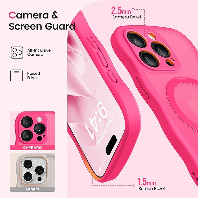 CAPRARO for iPhone 15 Pro Case with 360° Spin Magnetic Stand for Women, [Compatible with MagSafe] [Full Camera Protection] Cute Wave Translucent Matte Case for iPhone 15 Pro, Hot Pink