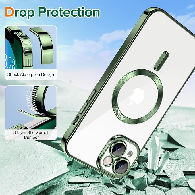 Hython Magnetic Clear for iPhone 13 Case with Camera Lens Protector [Compatible with MagSafe] Luxury Plating Edge Slim Soft TPU Cover Protective Phone Case for iPhone 13 6.1", Deep Green
