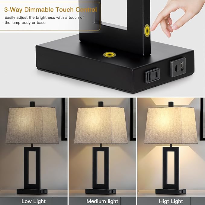 Cinkeda Touch Control Table Lamp Set of 2, Modern Black Bedside Lamps with USB C+A Ports & AC Outlet, 3 Way Dimmable Bedroom Lamps for Night Stands Bedroom Living Room,Nightstand Lamp