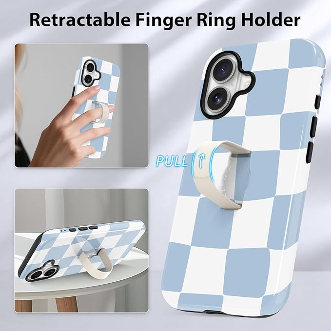 KANGHAR Compatible with iPhone 17 Case, Support for MagSafe, Silicone Checkered Cute Pattern, Finger Hold Wristband Kickstand Camera Protection Soft Slim Phone Case for Girls Women -Light Blue