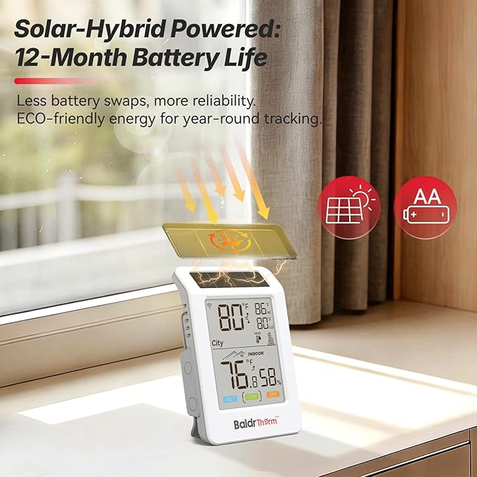 WiFi Thermometer Hygrometer with Freezing Alert, Solar Boost Wireless Indoor Outdoor Temperature Humidity Monitor, 3.9" Large Screen, App Alerts for Greenhouse, Pipe Protection, Cellar & Baby Room