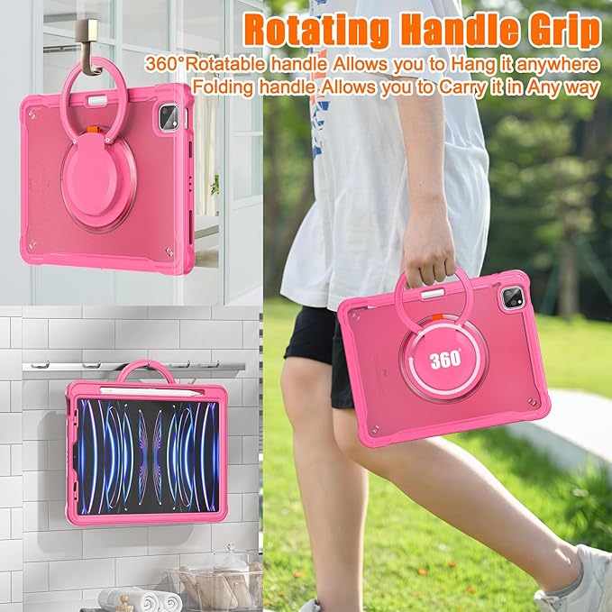 Batianda Ultimate Protective Case for iPad Pro 11-inch 2022 4th M2 Chip /2021 (3rd Generation) Rugged Shockproof Tablet Cover with 360° Rotatable Kickstand & Shoulder Strap & Pencil Holder, Pink