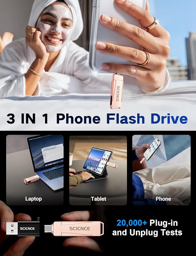 512GB Phone Flash Drive Photo Stick, USB Memory Stick for Photo Video Backup & Storage, No APP Required, Compatible with iPhone iPad Android PC, Rose Pink