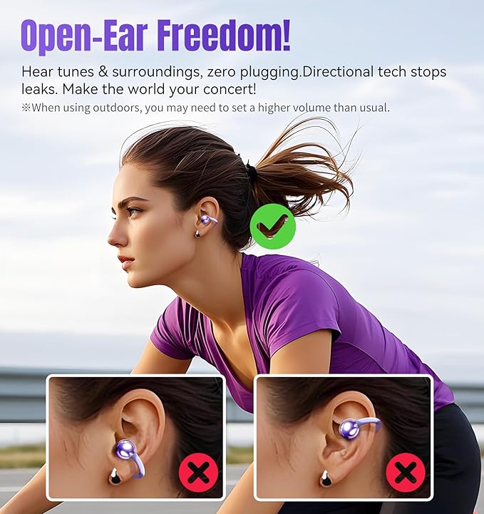 King Lucky Clip-On Earbuds Gen 3, Open-Ear Wireless Bluetooth 6.0 Headphones with Mic, Secure Fit for Small Ears & Glasses Wearers, 50H Playtime, ENC, IPX5 Waterproof Sport Ear Buds (Purple)