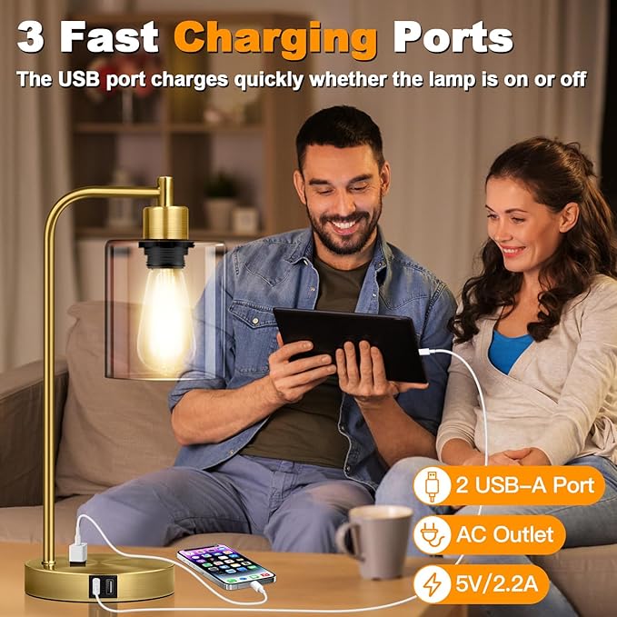 Nintiue Industrial Touch Table Lamps Set of 2-2 USB Ports & AC Outlet Nightstand Lamps, 3-Way Dimmable Bedside Desk Lamp for Living Room Bedroom, Glass Shade & 2 LED Bulbs Included - Brass
