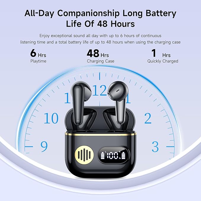 Wireless Earbuds Sport Bluetooth Headphones 48H Playtime with ENC Mic and Dual LED Display, IP7 Waterproof Running Headphones, Ceramic Black