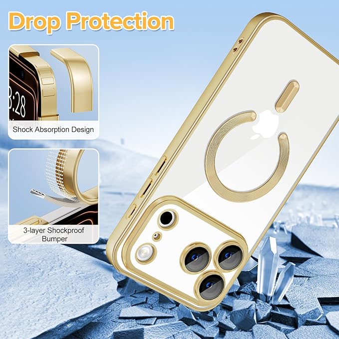 Hython Magnetic Clear for iPhone 17 Pro Max Case with Camera Lens Protector [Compatible with MagSafe] Plating Edge Slim Soft TPU Cover Protective Phone Case for iPhone 17 Pro Max 6.9", Matte Gold