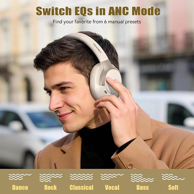 TECKNET Hybrid Active Noise Cancelling Headphones, Bluetooth 6.0 Wireless Headphones, 70H Playtime and 6 EQ Music Modes with 3.5mm Cord, Over Ear Headphones for Travel Work Cellphone - White