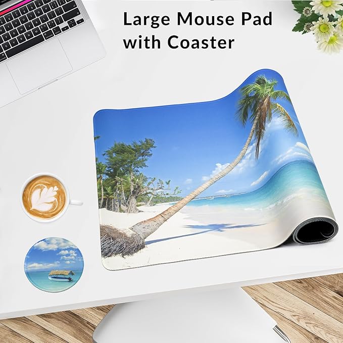 Large Gaming Mouse Pad with Coaster, Desk Matt for Desktop, Desk Pad, Mouse Pads Mat, Stitched Edges Big Extended Mousepad for Computer Keyboard Laptop Office Decor, 31.5'' x15.6''-Sunshine Sea