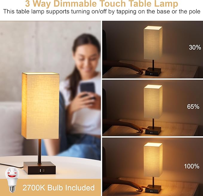 Touch Bedside Lamp for Bedroom Set of 2, 3 Way Dimmable Table Lamp with USB C+A Charging Ports, Small Nightand Lamps for Bedroom Decor, Living Room, Home, LED Bulbs Included, Upgraded Beige