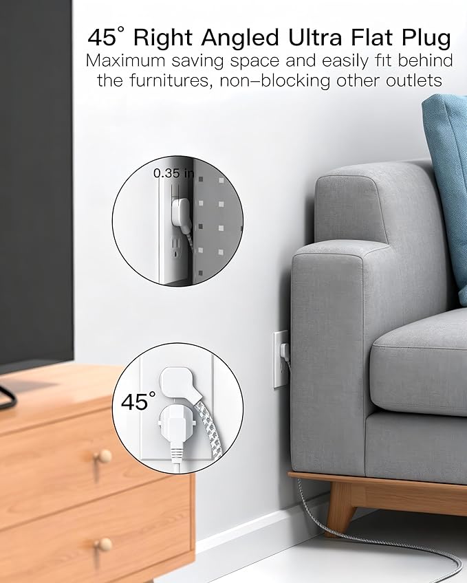 Surge Protector Power Strip 25FT, 10-in-1 with 6 AC Outlets 4 USB Ports(2 USB-C), Ultra Flat Plug Braided Extension Cord, Wall Mountable, 1080J Surge Protection, ETL Listed, White