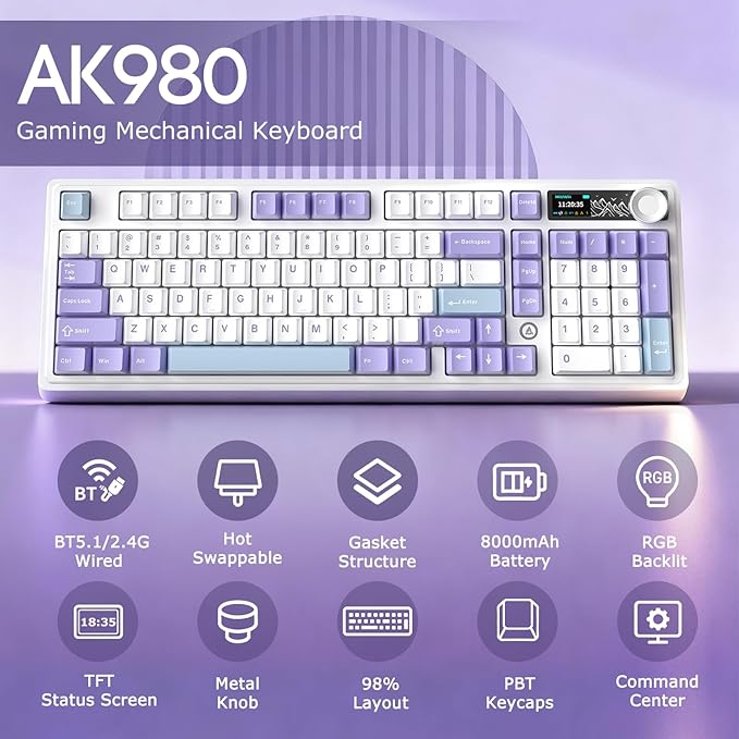 AK980 97Keys Tri-Mode Full Mechanical Keyboard, Gasket-Mounted, Hot-Swappable, 1.14” TFT Smart Display, Bluetooth 5.1/2.4G Wireless/Wired, PBT Keycaps RGB Backlit (Purple, Gift Linear Switch)