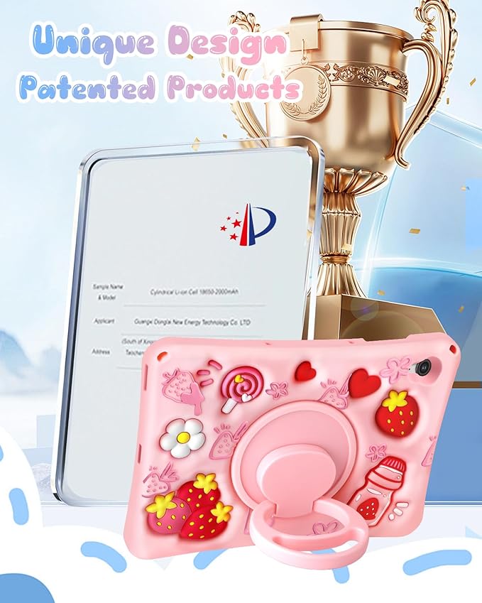 Boaretiu for Samsung Galaxy Tab S10 FE/ S9 FE Case - Soft Silicone Case with Shoulder Strap & Rotating Stand Strawberry Cute Cartoon 3D Kawaii for Girls Girly Women for Tab 2025 S10 FE/ 2023 S9 FE