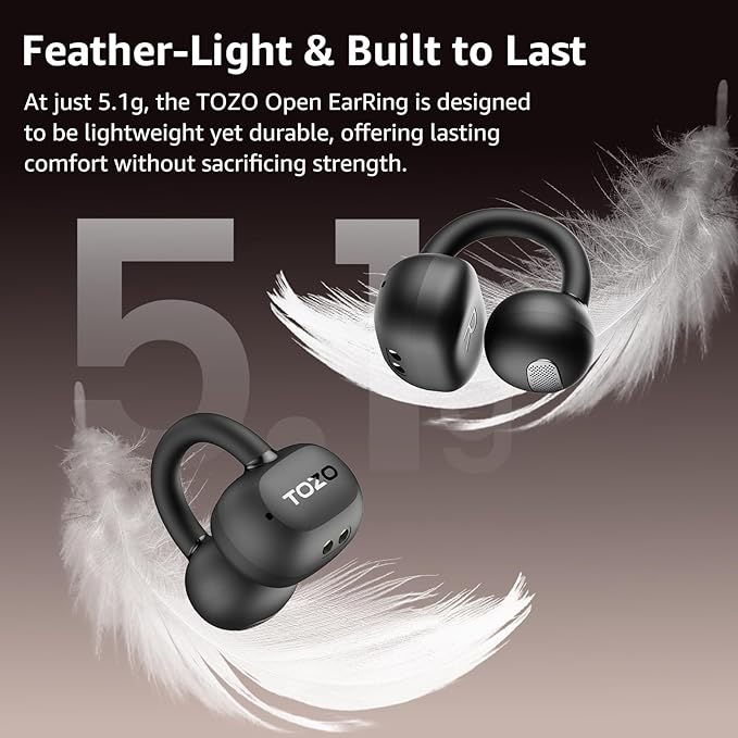 TOZO OpenEarRing True Open Ear Earbuds, Lightweight Comfort Open Ear Clip Wireless Earbuds, 40H Play Bluetooth 5.4 Headphones with Smart Digital Display Design Fit Sports Running, Workout Black