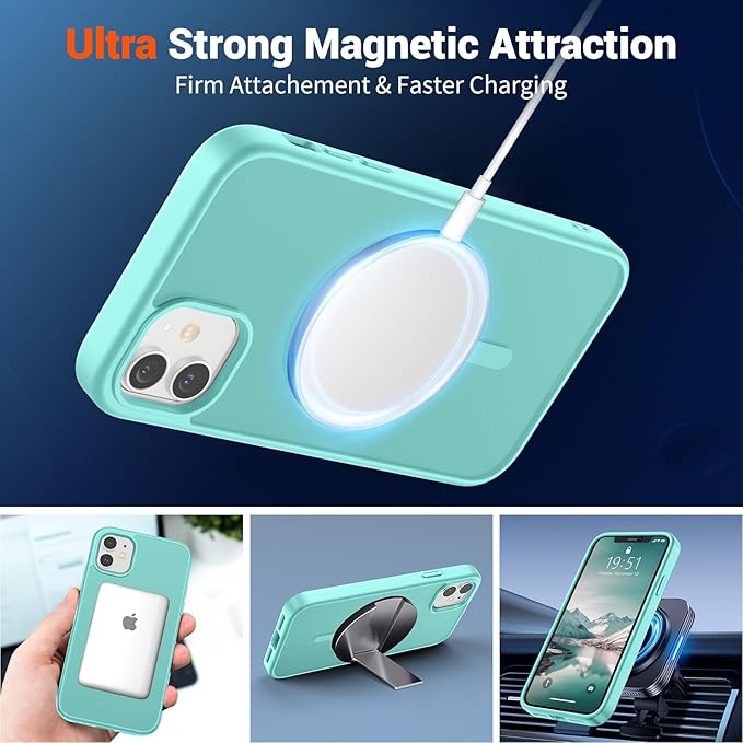 SUPFINE Magnetic for iPhone 12 Mini Case & iPhone 13 Mini Case (Compatible with MagSafe) (Military Grade Drop Protection) Translucent Matte Shockproof Phone Cover,Blue Green