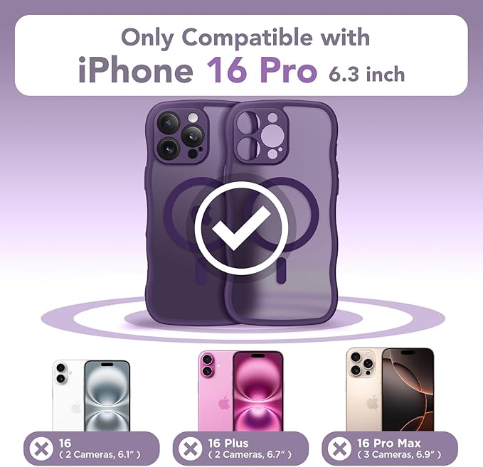 CAPRARO for iPhone 16 Pro Case for Women Girls, Upgraded [Full Camera Protection] [Compatible with MagSafe] Cute Wave Translucent Matte Phone Case for iPhone 16 Pro, Deep Purple