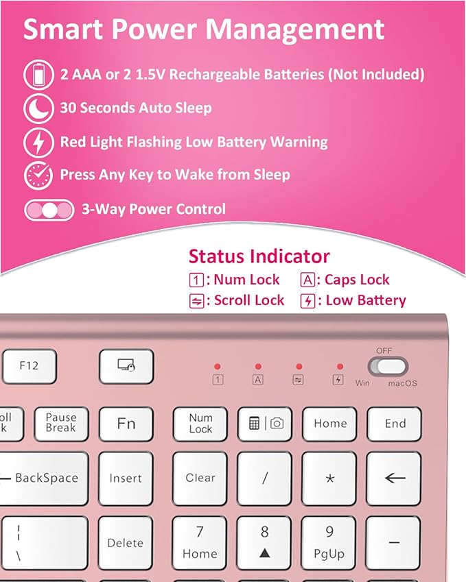 FENIFOX Wireless Silent Keyboard, Ultra Quiet USB C Low Profile Compact Full Size with Number Pad Flat Slim Thin Soft Touch for Mac Computer MacBook iMac PC Laptop Desktop Office (Pink Rose Gold)