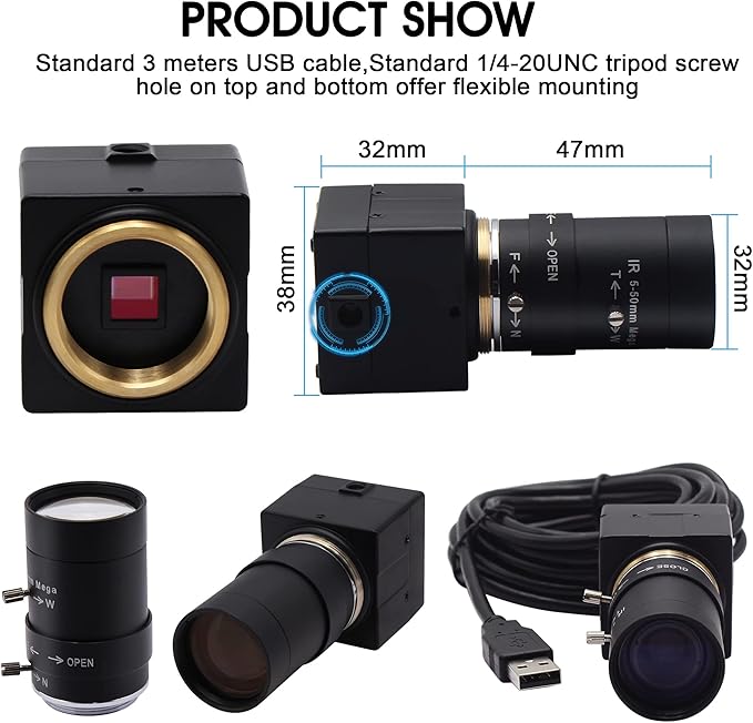 4K USB Camera 5-50mm 10X Optical Zoom Manual Lens 2160P CS-Mount USB Webcam Varifocus Camera Close-up Plug and Play Compatible for Windows Mac OS X Linux