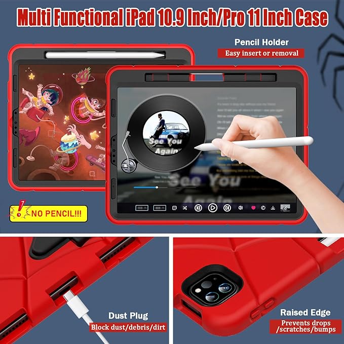 AKABEILA Compatible with Apple iPad Pro 11 inch(2018)/Apple Air 4 10.9(2020)/Air 5 10.9(2022)/Air 6 M2 (2024)/Air 7 M3 (2025) Tablet Case，Cover with Kickstand for Kids Children Boys Babies Red Black