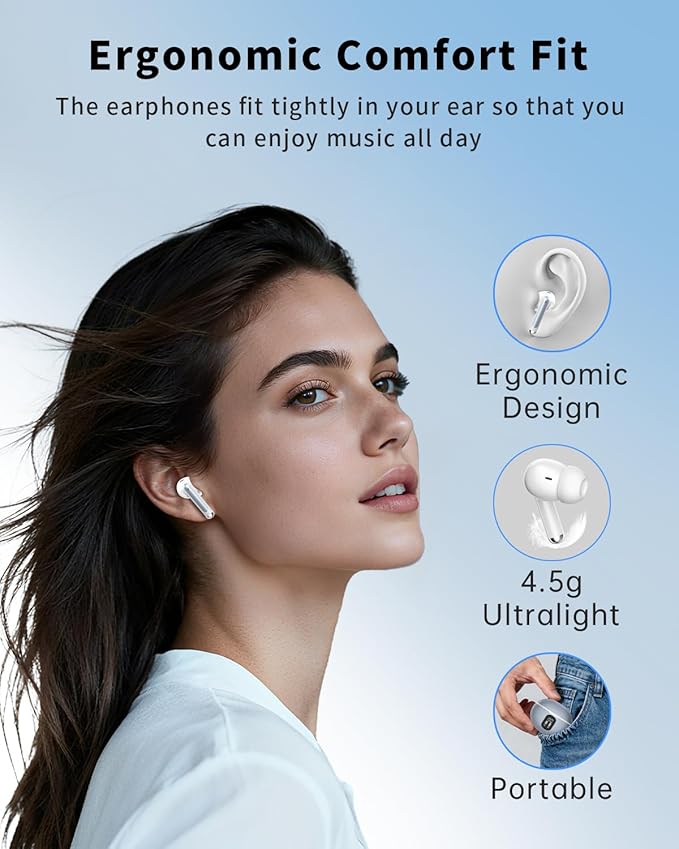 Wireless Earbuds, Bluetooth 5.4 Headphones with 50H Playback, Deep Bass Stereo Ear Buds Clear Calls with LED Power Display, IPX7 Waterproof, in-Ear Earphones with Mic for Phone/Android/iPad, Ash Gray