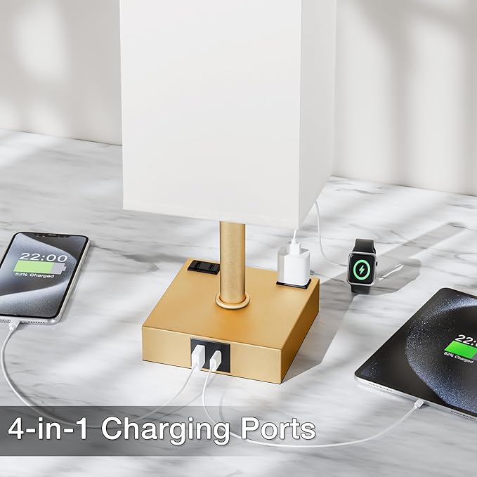 aooshine Gold White Touch Table Lamp - Bedside Lamp with USB A + Type C Charging Ports and Two AC Outlets, Small Night Stand with E26 LED Bulb, Desk Light for Bedroom Living Room Office Dorm