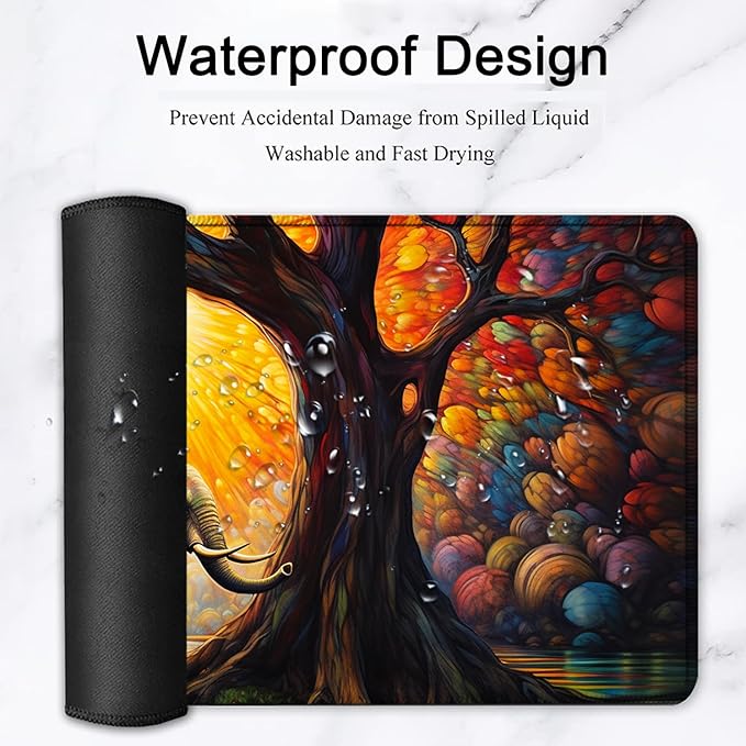 Large Mouse Pad, 31.5 x 11.8in Extended Gaming Mouse Pad with Stitched Edges,XXL Mousepad Protector Non Slip Rubber Base for Office Home Writing Mat, Colorful Tree of Life + Elephant Pattern Desk Mat