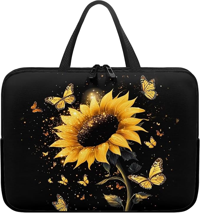 Sunflower Butterfly 10-17 Inch Laptop Sleeve, Portable Computer Bag Tablet Carrying Case with Handle, Women Business School Tote Bags Notebook Case Handbag Briefcase