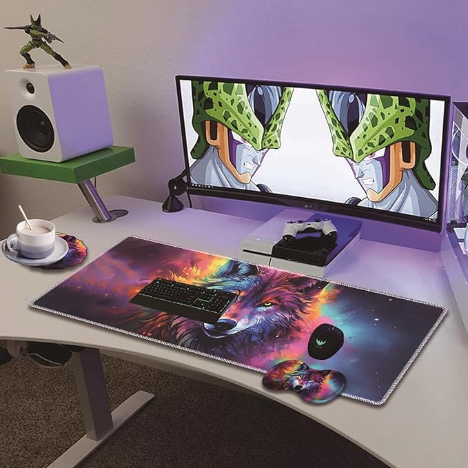 Extended Non-Slip Mouse Pad + Mouse Wrist Rest + Lace-Shaped Coaster Set, Ergonomic Design, Suitable for Desk and Home Gaming Table Mat, Colorful Space Wolf