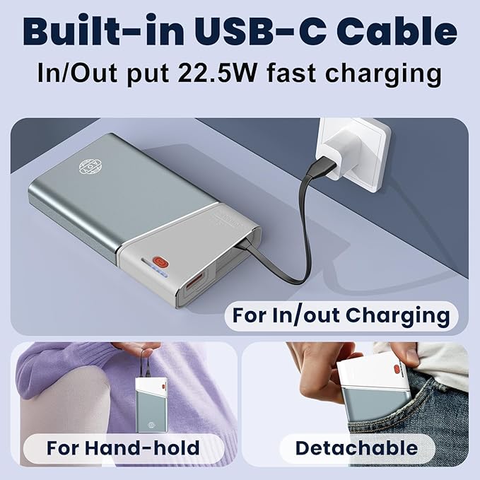 Aaoyun Portable Charger Power Bank, 20000mAh 22.5W PD Fast Charging Powerbank with Built-in USB C Cable, External Phone Battery Pack for iPhone 17/16/15 Samsung S24 Android etc