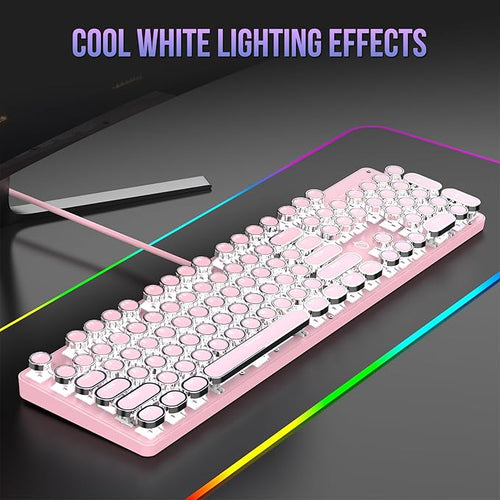 Typewriter Mechanical Gaming Keyboard with RGB Backlit Red Switches, 104 Keys Retro Round Keycap, Wired Typewriter Style Comfortable Typing Soud (Pink)