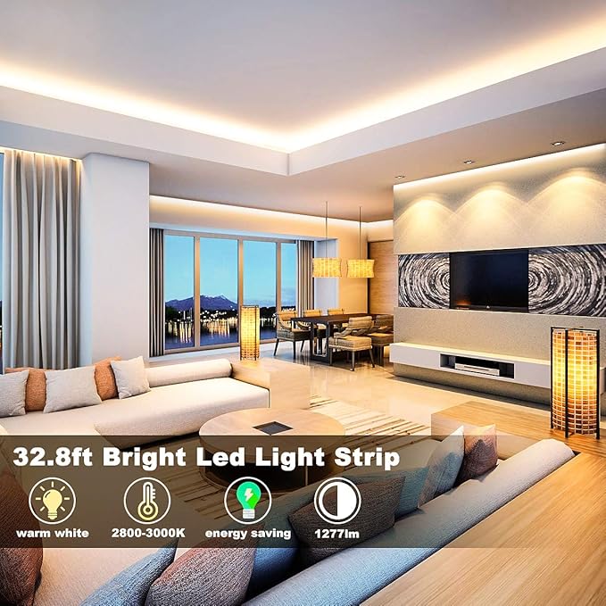 MY BEAUTY LIGHT LED Strip Lights Warm White,32.8ft Dimmable LED Light Strip with RF Remote,600 Bright 3000K 2835 LEDs,Plug-in Adhesive Rope Lights with Timing Mode for Living Room Bedroom Kitchen