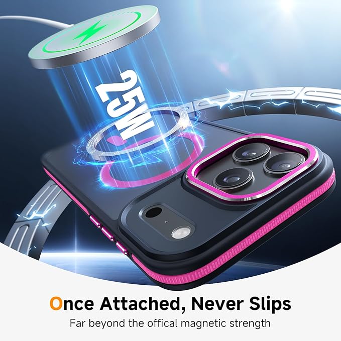Magnetic 3 in 1 for iPhone 17 Pro Case, [Omni-Directional Protection] with 1x Screen Protector + 1x Camera Cover, [Seamless Work with Magsafe] Shockproof Slim Thin Case for iPhone 17 Pro Hot Pink