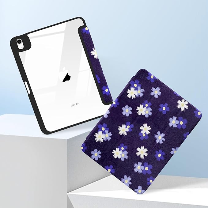 MrARTIST for iPad Air 11 Inch Case M3/M2 - Air 5th/4th Generation 10.9" Cute Women Girls Girly Kawaii Aesthetic Kawaii Design for Apple Air Tablet Cover with Pencil Holder, Blue White Flowers