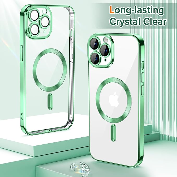 Hython Magnetic Clear for iPhone 11 Pro Max Case with Camera Lens Protector [Compatible with MagSafe] Plating Edge Slim Soft TPU Cover Protective Phone Case for iPhone 11 Pro Max 6.5", Light Green