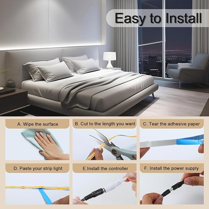 ZSLAIFU COB LED Strip Light 24V, 16.4ft White LED Light Strip with Remote, High Density Flexible White Tape Lights, CRI90+ LED Lighting for Backlighting for TV, Bedroom, Cabinet, Indoor Decor