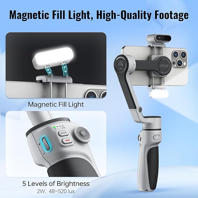 ZHIYUN CINEPEER CQ5 Combo 3-Axis Stabilizer for iPhone, Android Smartphones with AI Face Tracking, Fill Light, Compact & Portable, 11-Hour Battery