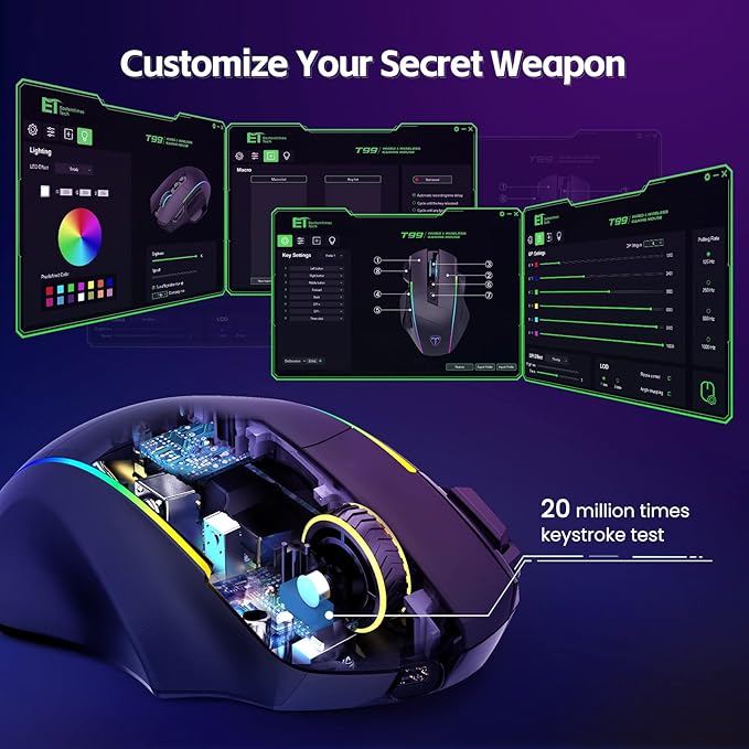 RisoPhy Wireless Gaming Mouse, 3 Modes - 2.4G/USB-C/Bluetooth 6 Level 10000DPI Chroma RGB Backlit Ergonomic 8 Programmable Buttons, 58H Capacity Rechargeable Computer Mouse for PC/Mac/Laptop