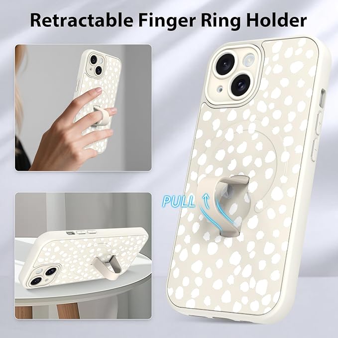 KANGHAR Compatible with iPhone 15 Case, Support for MagSafe, Silicone Speck Leopard Cute Pattern, Wristband Kickstand Camera Protection Soft Slim Cover for Girls Women -White