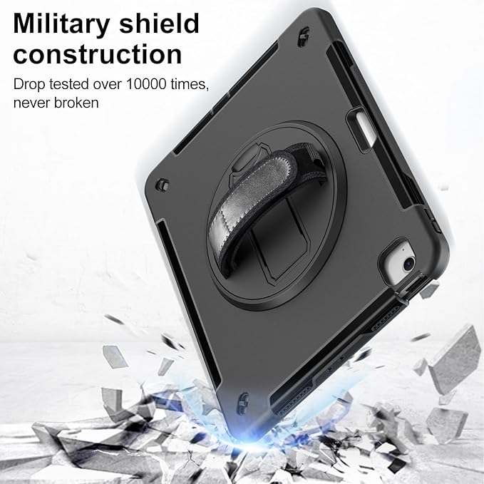 Case for iPad Air 13 Inch M4/M3/M2 (2026/2025/2024): TPU Shockproof Case with Screen Protector - Stand - Handle - Shoulder Strap - Pen Holder-Black