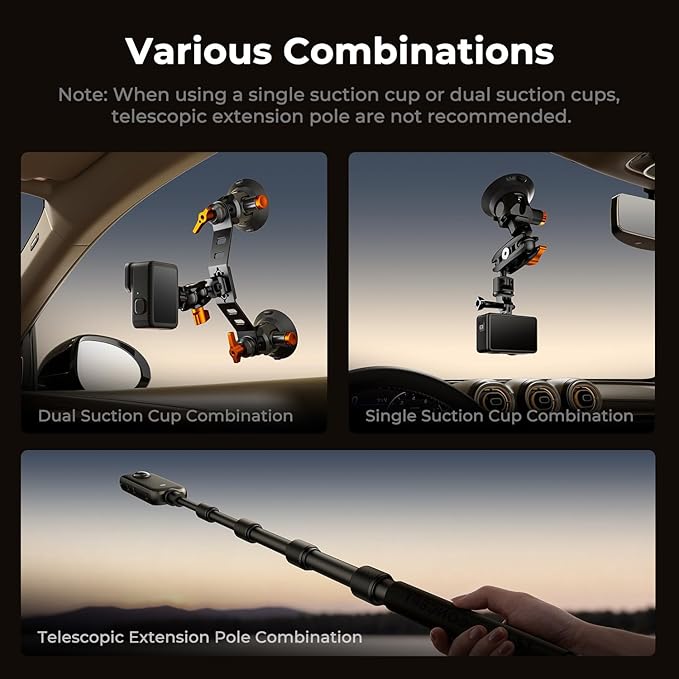 K&F CONCEPT Triple Suction Cup Car Mount for Camera, Heavy Duty 3-in-1 Kit with 15° Curved Surface Adjustment, Extension Pole & Phone Holder, Compatible with Insta360 X5/X4 GoPro DJI Action 5/4/3/2