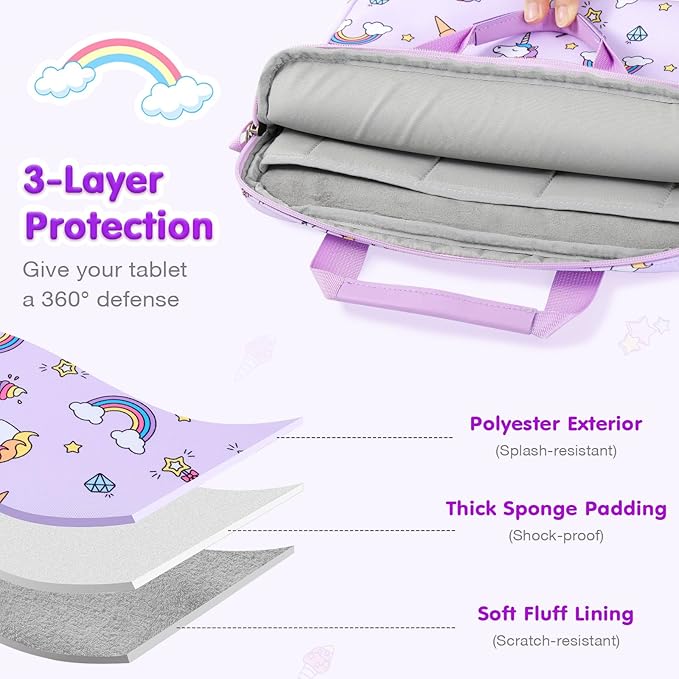 MoKo 10-12.5 Inch Kids Tablet Sleeve Carrying Case for Fire HD 10 13th/11th Gen, Fire HD 8/7 Kids 2022, Tablet Bag with Shoulder Strap for 10/10.1 Inch Android 12/13, Rainbow & Unicorn (Lilac)