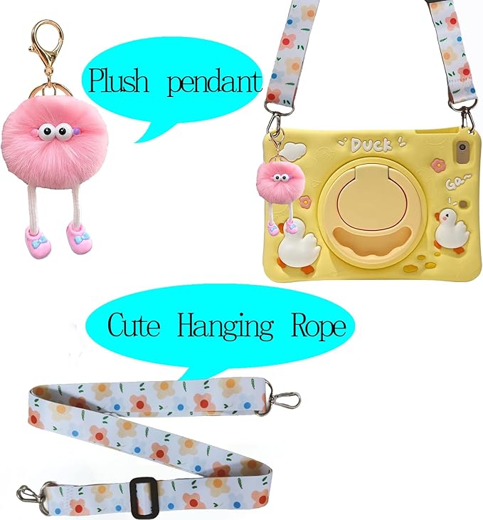 3D Cute Press Duck Case for iPad mini 1st 2nd 3rd 4th 5th Gen 7.9 inch,Kawaii Cartoon Character Duck Soft Silicone Rotating Stand Case with Lanyard for Kids Teens Girls Women