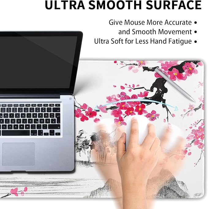 Watercolor Cherry Blossom Mouse Pad 35.4 X 15.7 Inch Japanese Hills Extended Large Pink Mouse Mat Non-Slip Rubber Base Mousepad with Stitched Edges Waterproof Desk Pad for Gaming&Home Office,XL