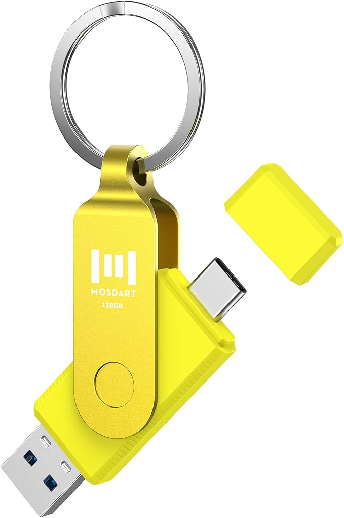MOSDART 128GB USB C 3.2 Fast Speed C and A Dual Flash Drive, exFAT Memory Stick with Keychain and LED Indicator, for iPhone 15,16, 17, Android Phone, iPad, MacBook, and Other Laptops,Yellow
